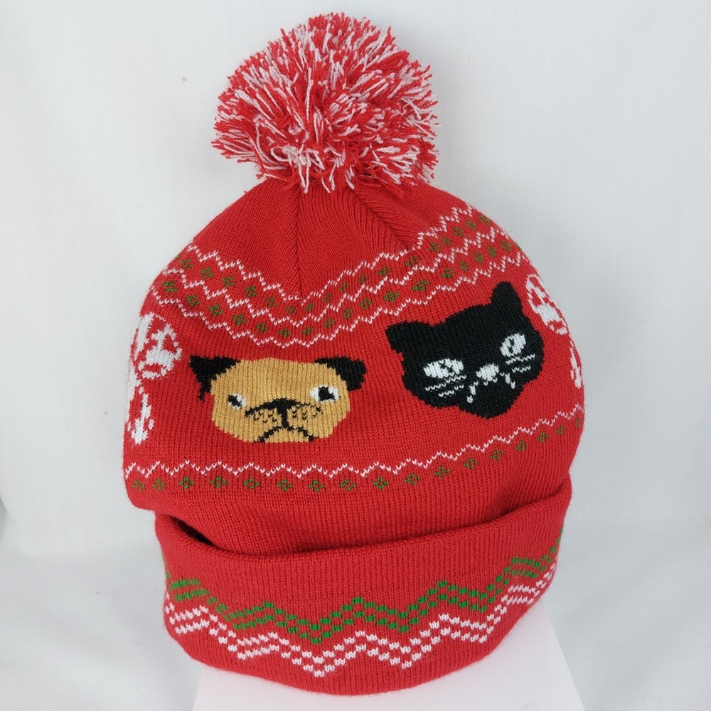 Dog Cat Pet Beanie Hat Ugly Christmas Sweater Knit Pom Red Adult Puppy Kitten